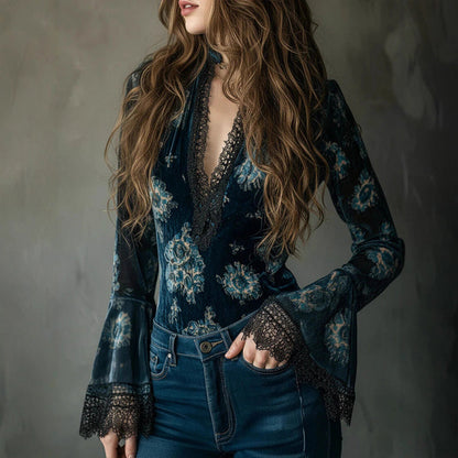 Women’s Retro Lace Panel V-Neck Blouse – Elegant Print Bell Sleeve Top for Spring & Autumn Wear FitiqueFit