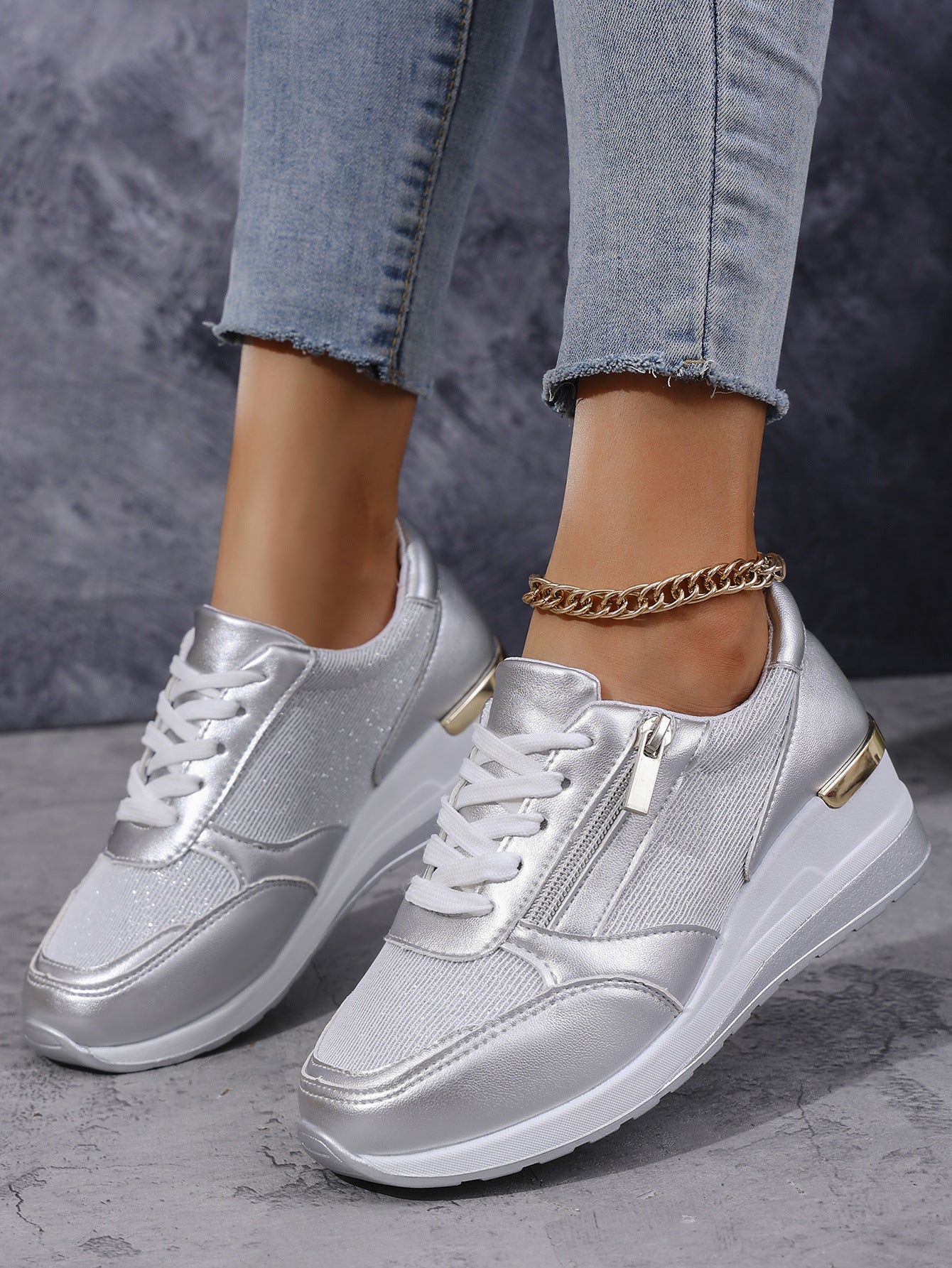 Metallic Lace-Up Side Zipper Thick-Sole Sneakers – 3 Colors EU 37–44 FitiqueFit