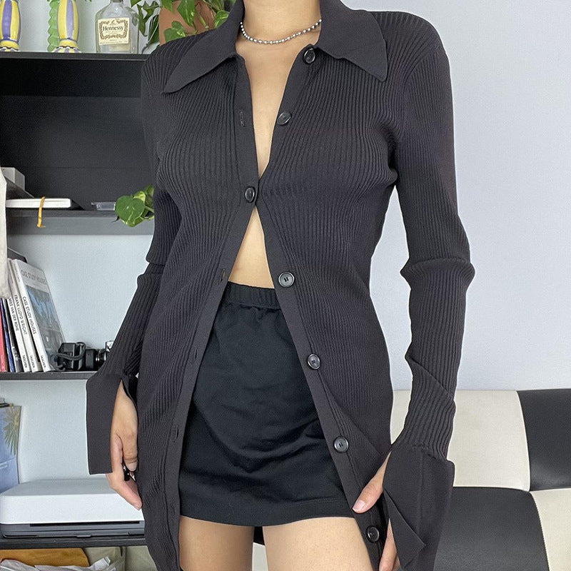 Women's V-Neck Ribbed Knit Button Cardigan Top – Black FitiqueFit