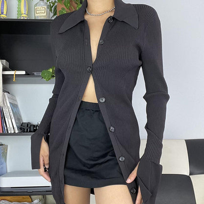 Women's V-Neck Ribbed Knit Button Cardigan Top – Black FitiqueFit