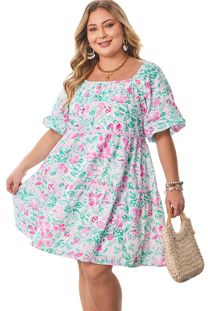 White Floral Print Ric-rac Trim Square Neck Plus Size Mini Dress Garden Naked Curves