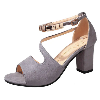 Fashion Women's Sandals with Thick Mid-Heel Buckle