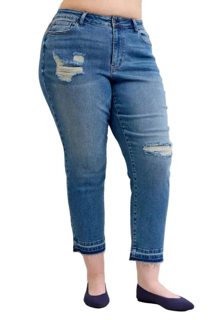 Judy Blue Full Size Mid Rise Bf Patch & Repair Destroy Release Hem Jeans Plus Size Garden Naked Curves