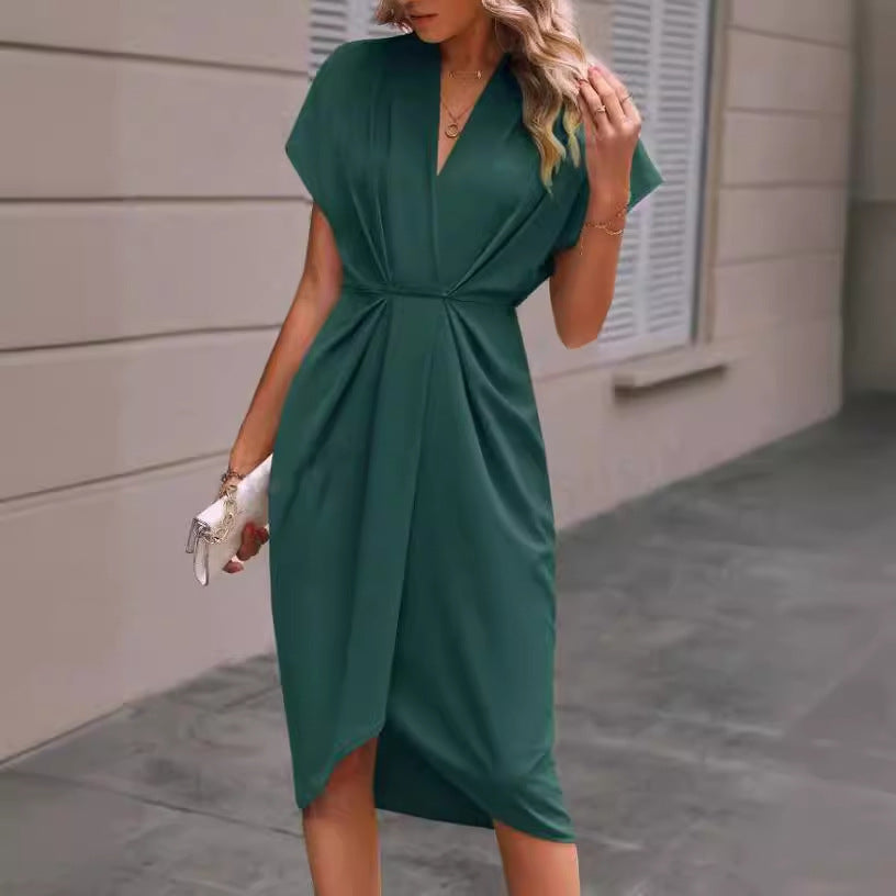 Batwing Sleeve Dress V-neck Short Sleeve Pleated Dresses Grayceful LLC