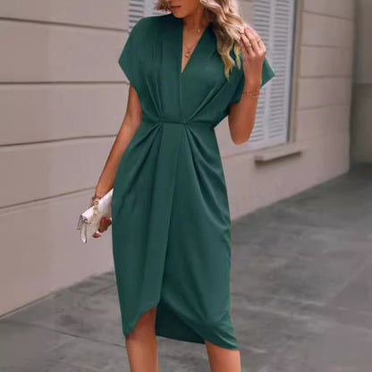 Batwing Sleeve Dress V-neck Short Sleeve Pleated Dresses Grayceful LLC