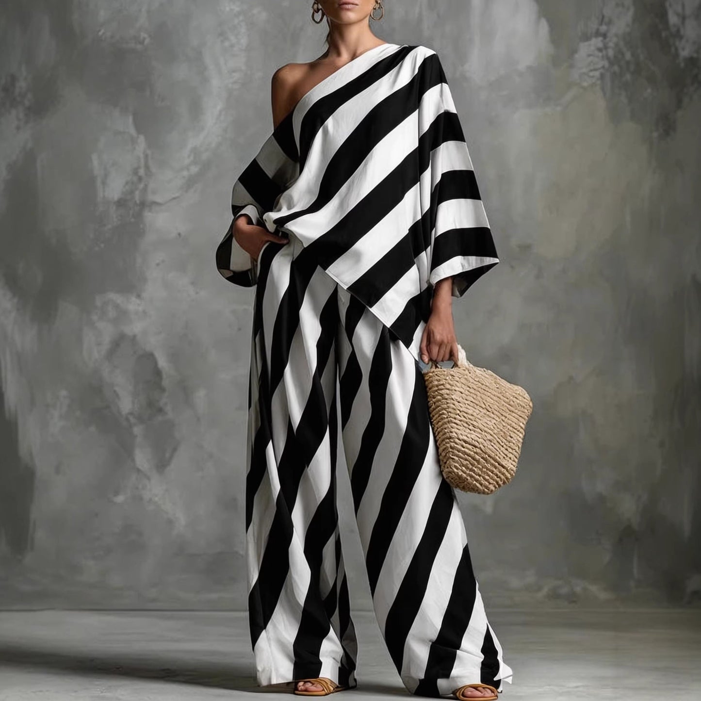 Women's Retro Striped Batwing Top & Wide-Leg Pants Set – Vintage 2-Piece FitiqueFit