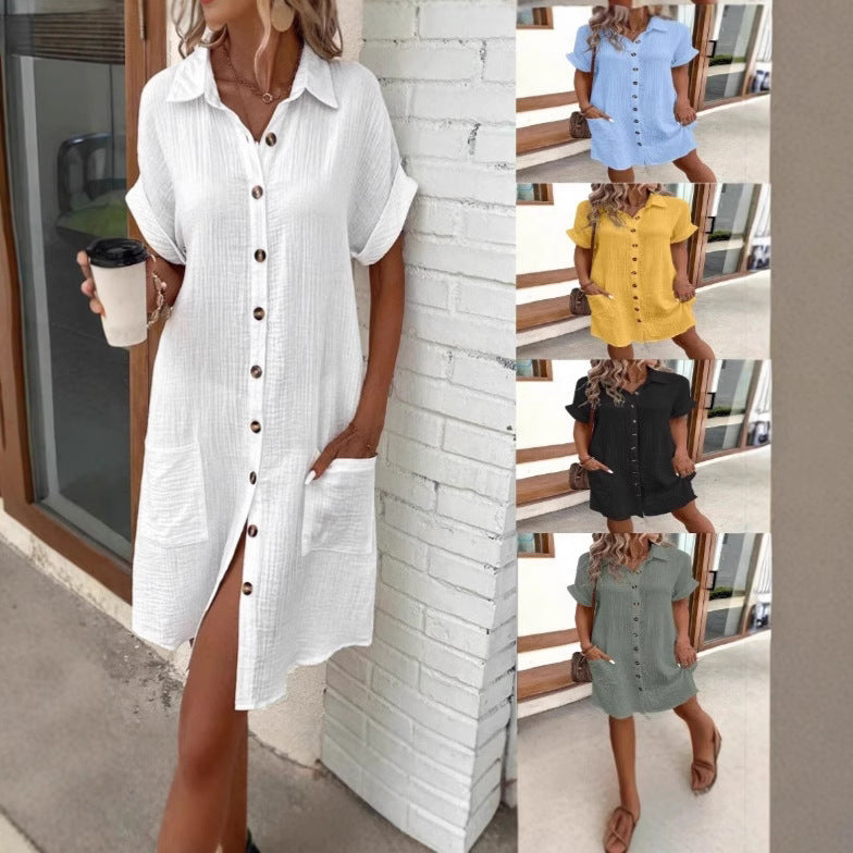 Women's Casual Loose Short-Sleeve Midi Shirt Dress – Button-Down FitiqueFit