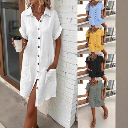 Women's Casual Loose Short-Sleeve Midi Shirt Dress – Button-Down FitiqueFit