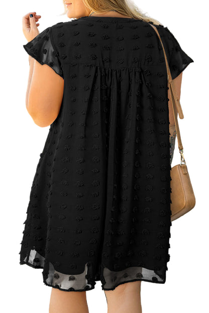 Black Dotty Textured Notched Neck Plus Ruffled Dress Garden Naked Curves