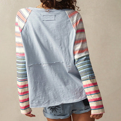Women's Striped Long Sleeve Top Round Neck Pullover FitiqueFit