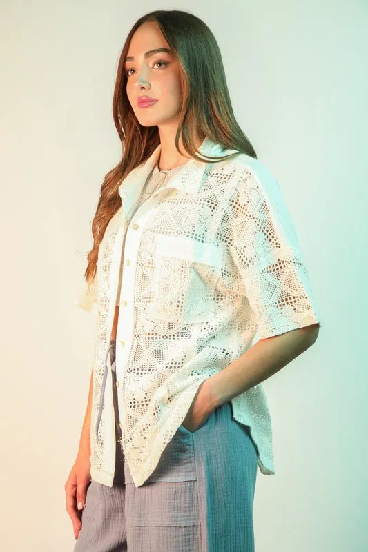 VERY J Plus Size Oversized Crochet Button Down Shirt Top See size chart under “more details” The Fashion Celestial
