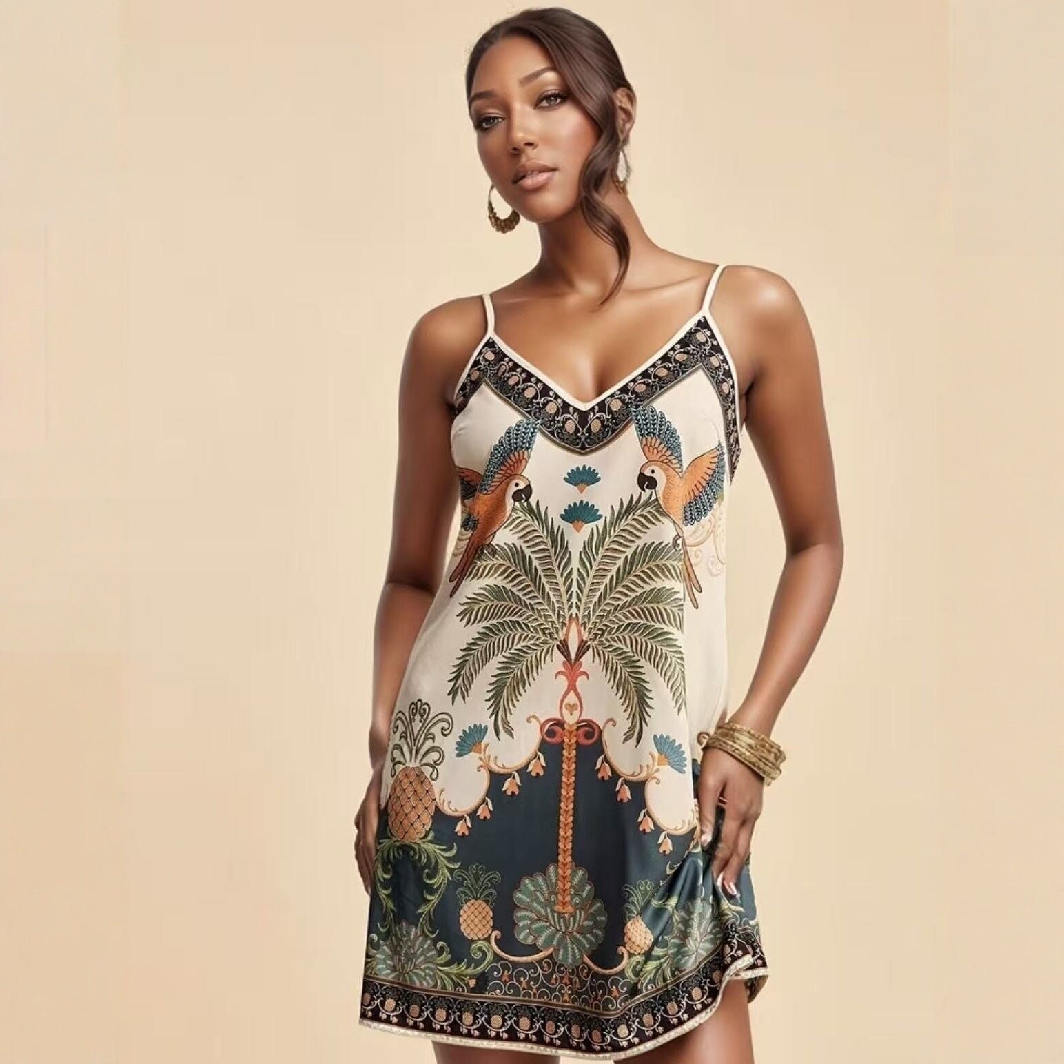 European and American-Style Tropical Print V-Neck Slip Dress FitiqueFit