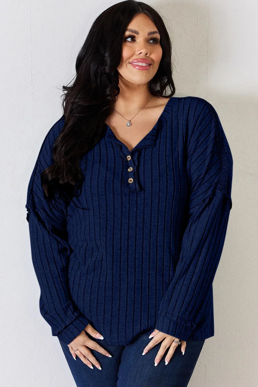 Basic Bae Full Size Ribbed Half Button Long Sleeve T-Shirt New Era Fashion LLc