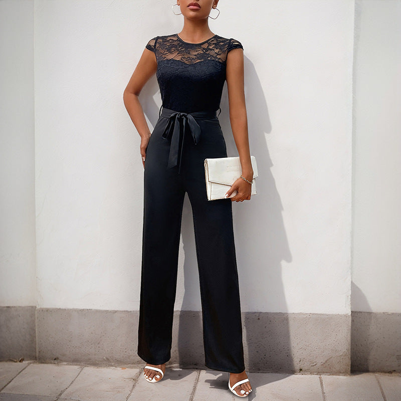 Lace Stitching Sleeveless Jumpsuit High Waist Grayceful LLC