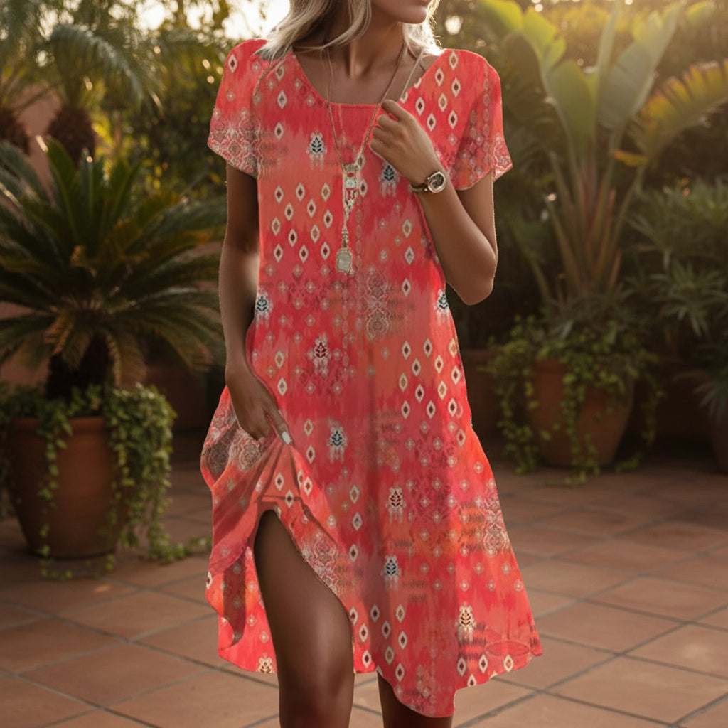 Ethnic Print Midi Dress – Scoop Neck Geometric Pattern Boho Dress FitiqueFit