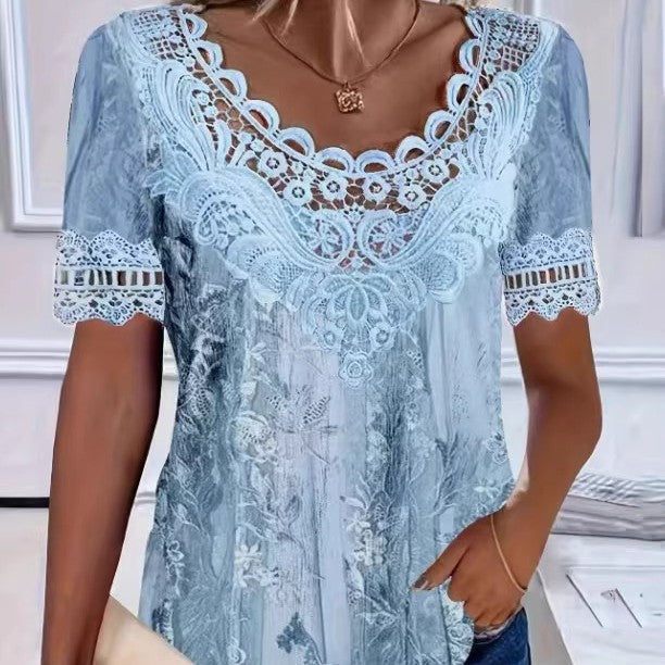 Women's Lace Patchwork Crew Neck Short Sleeve T-Shirt FitiqueFit