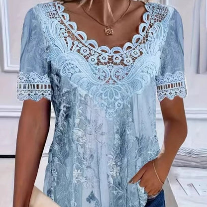 Women's Lace Patchwork Crew Neck Short Sleeve T-Shirt FitiqueFit
