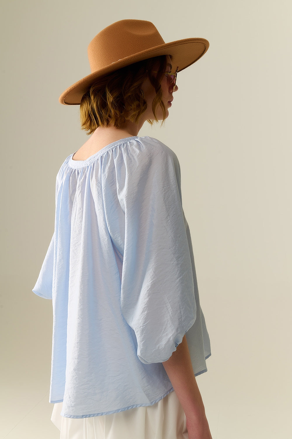 Baby Blue chiffon Top With Puffed Sleeves Q2store