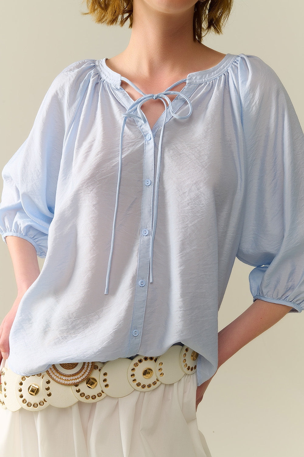 Baby Blue chiffon Top With Puffed Sleeves Q2store