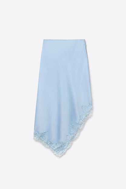 baby Blue Satin Asymmetric Lace Trim Skirt Q2store