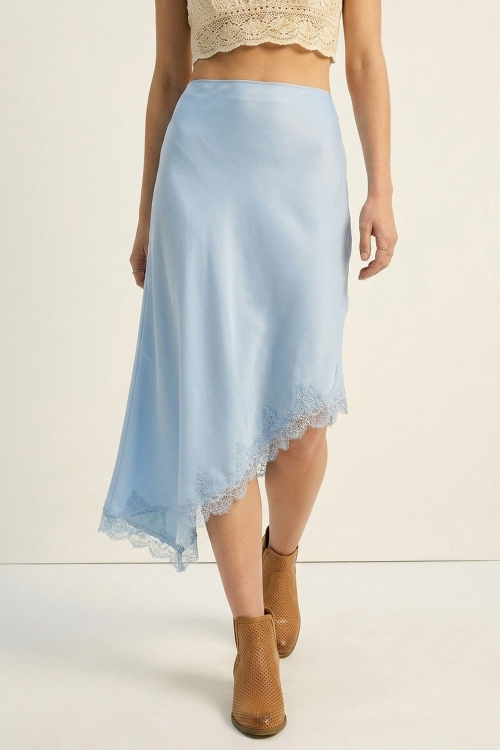 baby Blue Satin Asymmetric Lace Trim Skirt Q2store