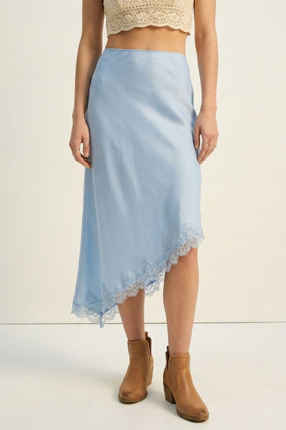 baby Blue Satin Asymmetric Lace Trim Skirt Q2store