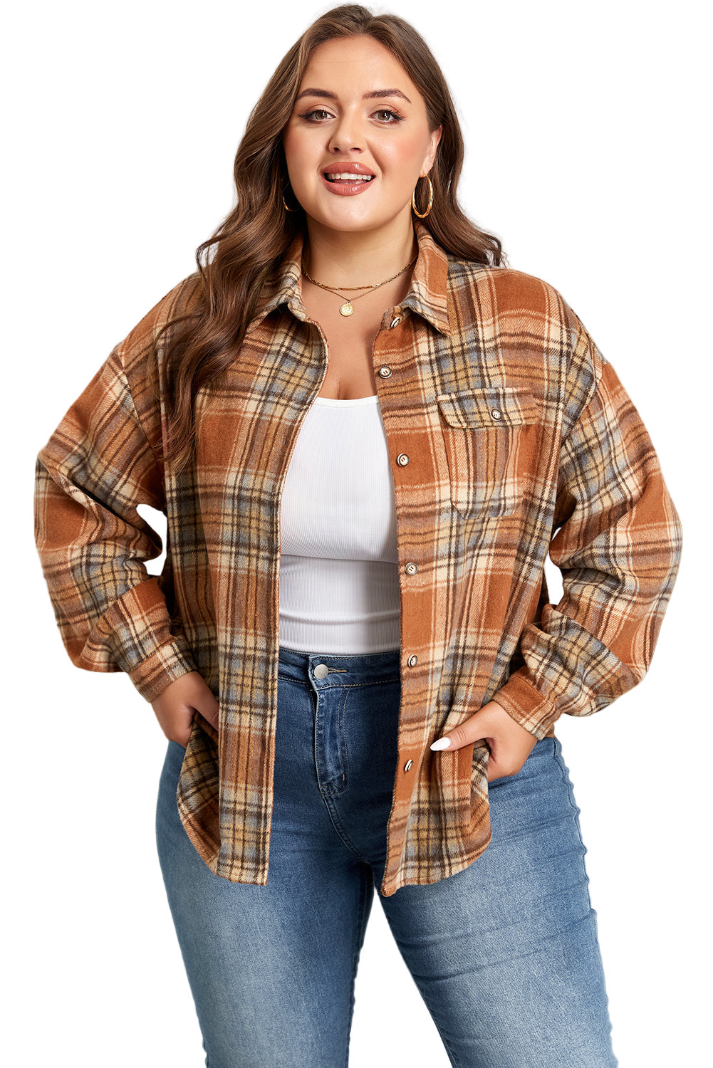 Brown Plaid Print Flap Pocket Buttoned Plus Size Shacket Garden Naked Curves