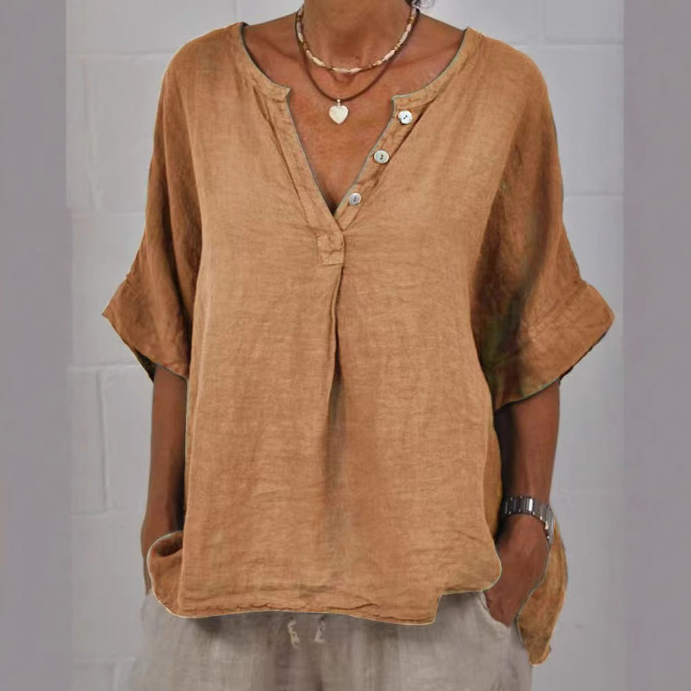 Women's Cotton Linen V-Neck Button-Up Shirt FitiqueFit