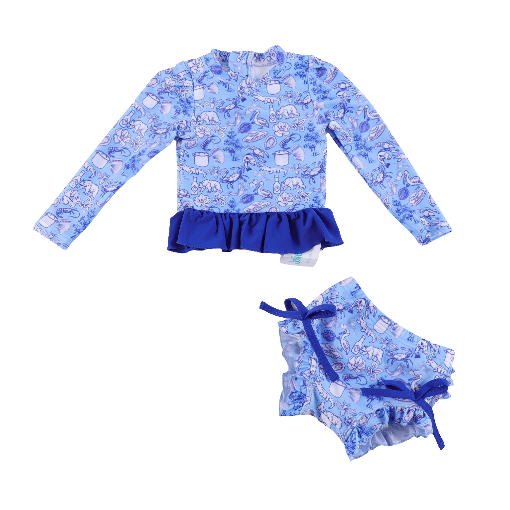 Cajun Toile ruffle bottom swim suit set Jolie & Jax Boutique