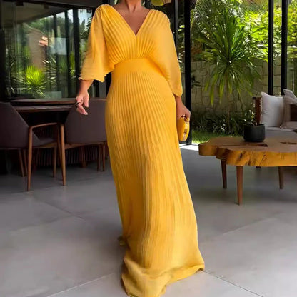 Women's Solid Color And V-neck Bat Sleeve High Waist Dress See size chart under “more details” The Fashion Celestial