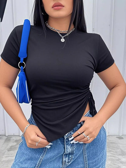 Plus Size Ruched Round Neck Short Sleeve T-Shirt See size chart under “more details” The Fashion Celestial