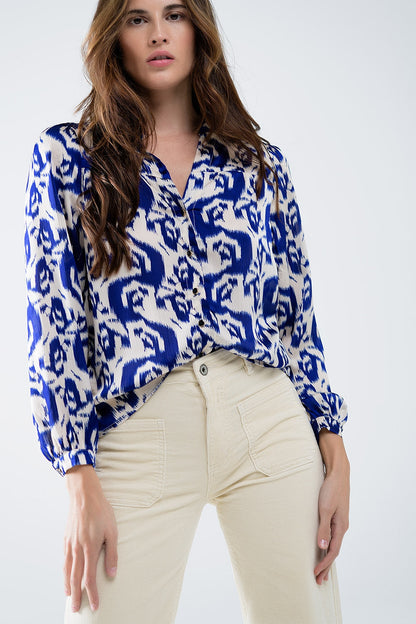 Balloon Sleeve Abstract Print Blouse in Navy and White Q2store