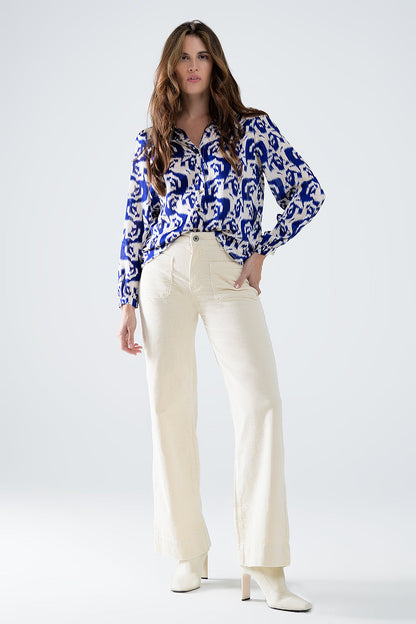 Balloon Sleeve Abstract Print Blouse in Navy and White Q2store