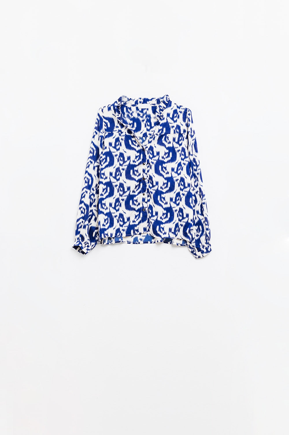 Balloon Sleeve Abstract Print Blouse in Navy and White Q2store