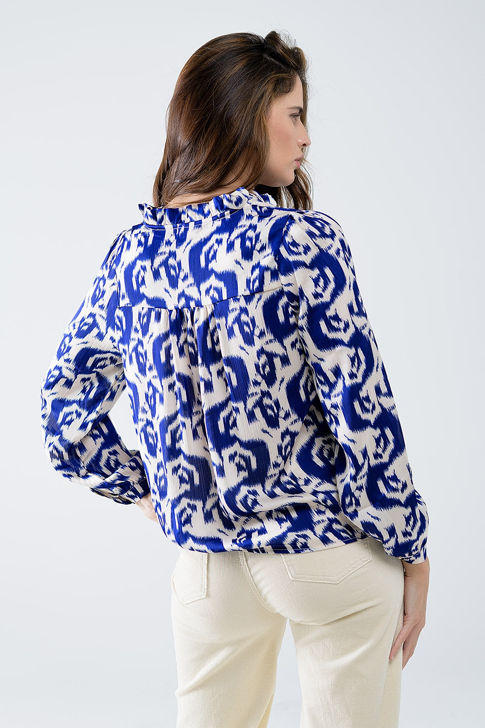 Balloon Sleeve Abstract Print Blouse in Navy and White Q2store