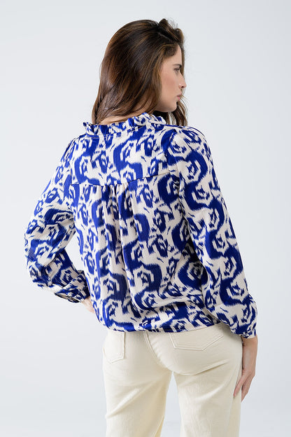 Balloon Sleeve Abstract Print Blouse in Navy and White Q2store