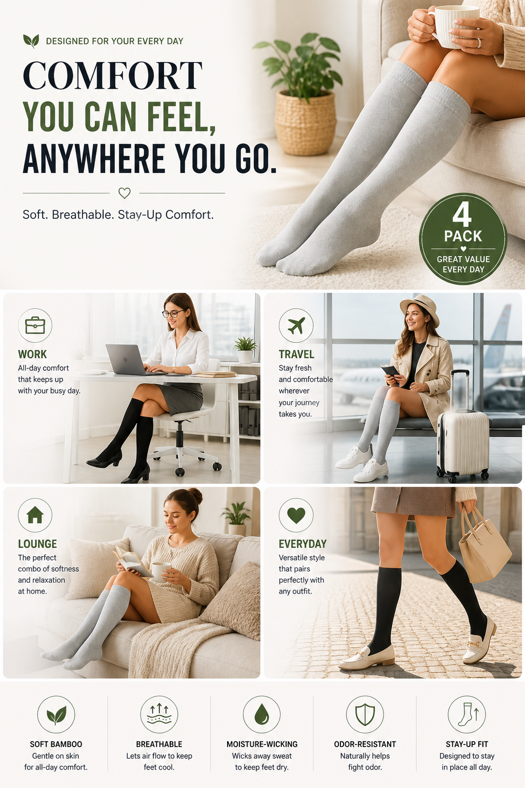 Women’s Bamboo Knee-High Socks 4-Pack – Soft & Breathable Bambooven