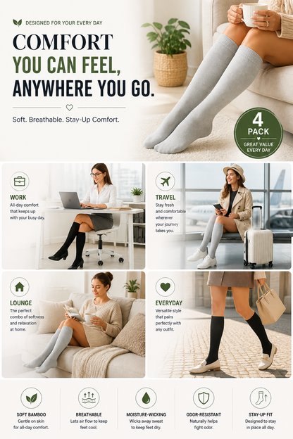 Women’s Bamboo Knee-High Socks 4-Pack – Soft & Breathable Bambooven