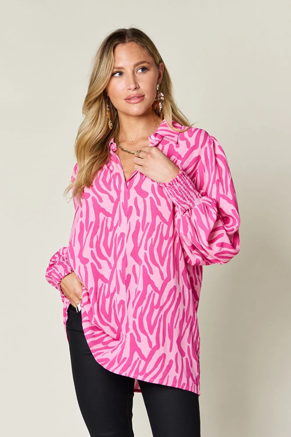Double Take Full Size Printed Smocked Long Sleeve Blouse Plus Size New Era Fashion LLc