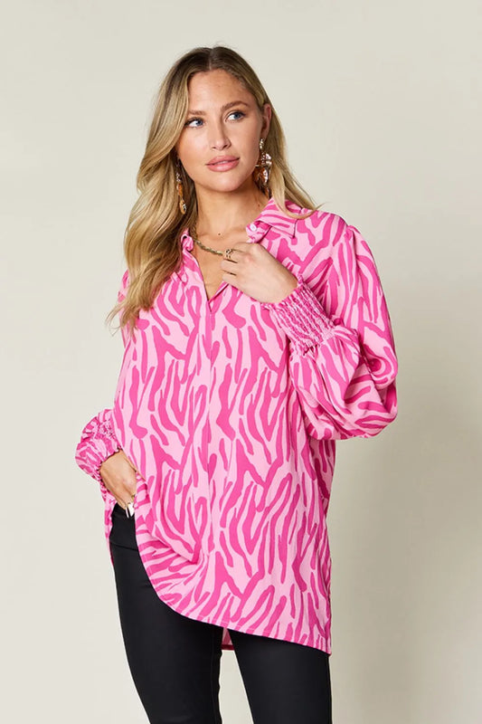 Double Take Full Size Printed Smocked Long Sleeve Blouse Plus Size New Era Fashion LLc