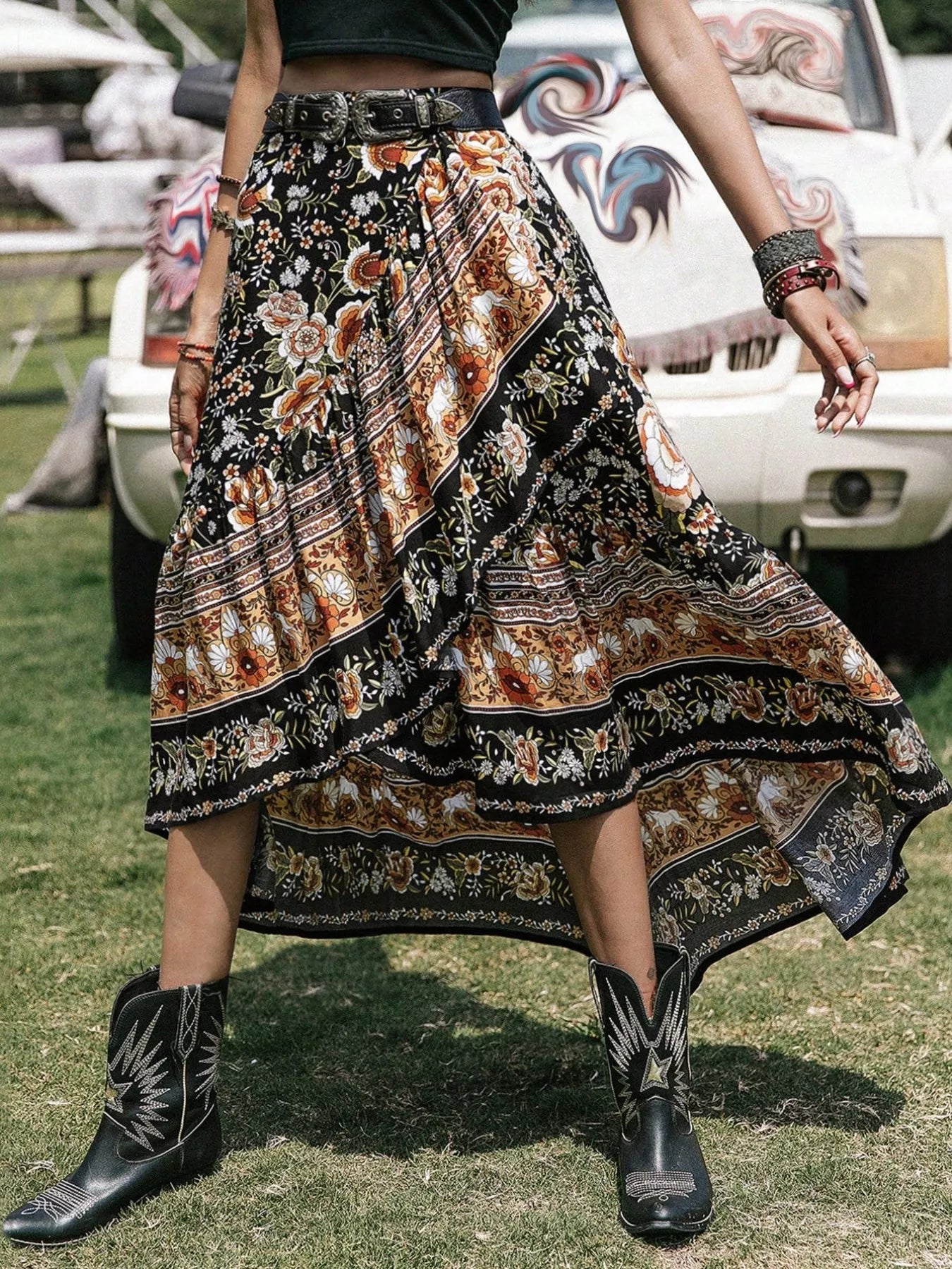 Plus Size Boho Floral Print High-Low Skirt See size chart under “more details” The Fashion Celestial