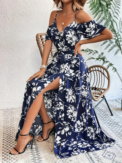 Ins Off-Shoulder Split Dress Summer Floral Print Suspender Long Dresses With Belt Design Women's Beach Clothing Grayceful LLC