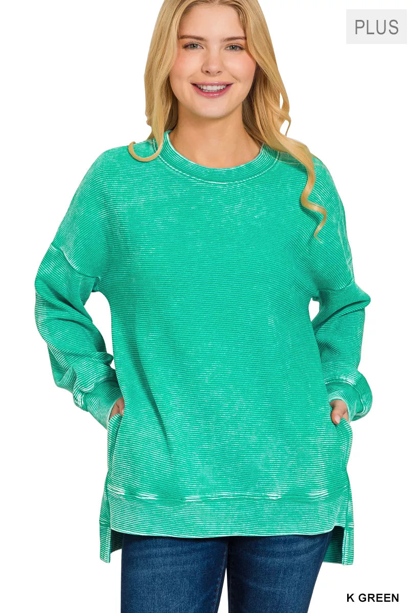Zenana Full Size Acid Washed Double Ribbed Hi-low Sweatshirt Plus Size Garden Naked Curves