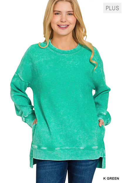 Zenana Full Size Acid Washed Double Ribbed Hi-low Sweatshirt Plus Size Garden Naked Curves