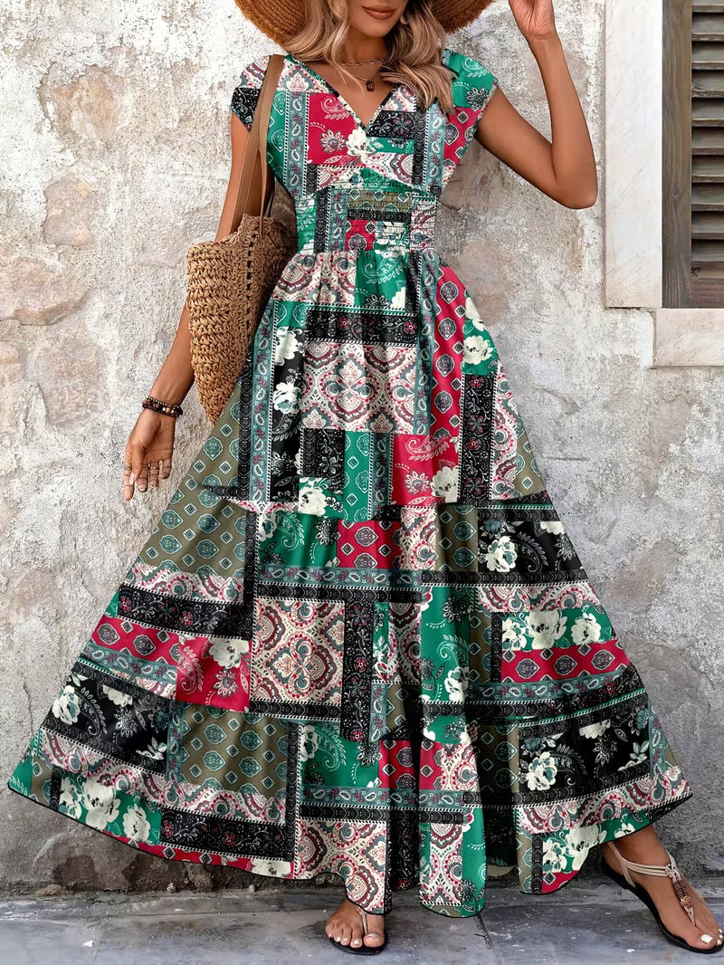 Women's V-Neck Floral Print A-Line Midi Dress – High Waist Sleeveless FitiqueFit