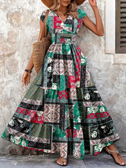 Women's V-Neck Floral Print A-Line Midi Dress – High Waist Sleeveless FitiqueFit