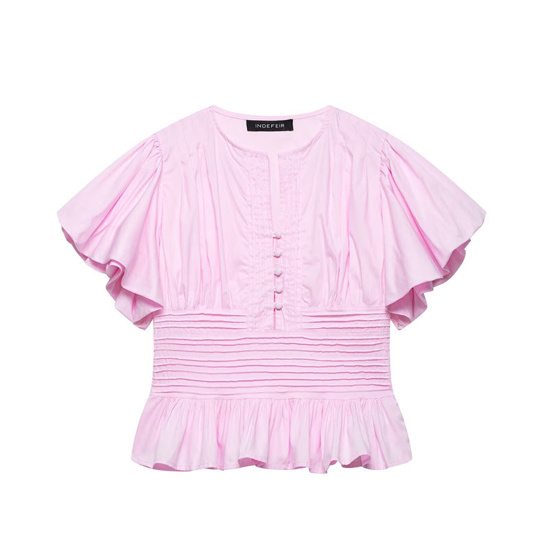 Women's Ruffle-Trim Puff-Sleeve Blouse Top – Slim-Fit Elegant FitiqueFit