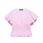 Women's Ruffle-Trim Puff-Sleeve Blouse Top – Slim-Fit Elegant FitiqueFit