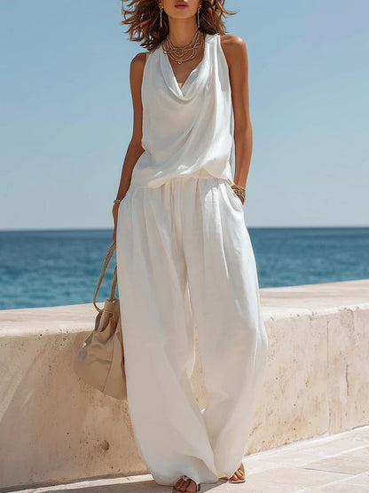 Women's Sleeveless Boat Neck Top & Wide-Leg Pants Two-Piece Set FitiqueFit