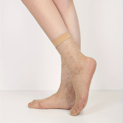 A Pair of Mid-calf Socks with Small Mesh and Rhinestone Decoration NovaCart
